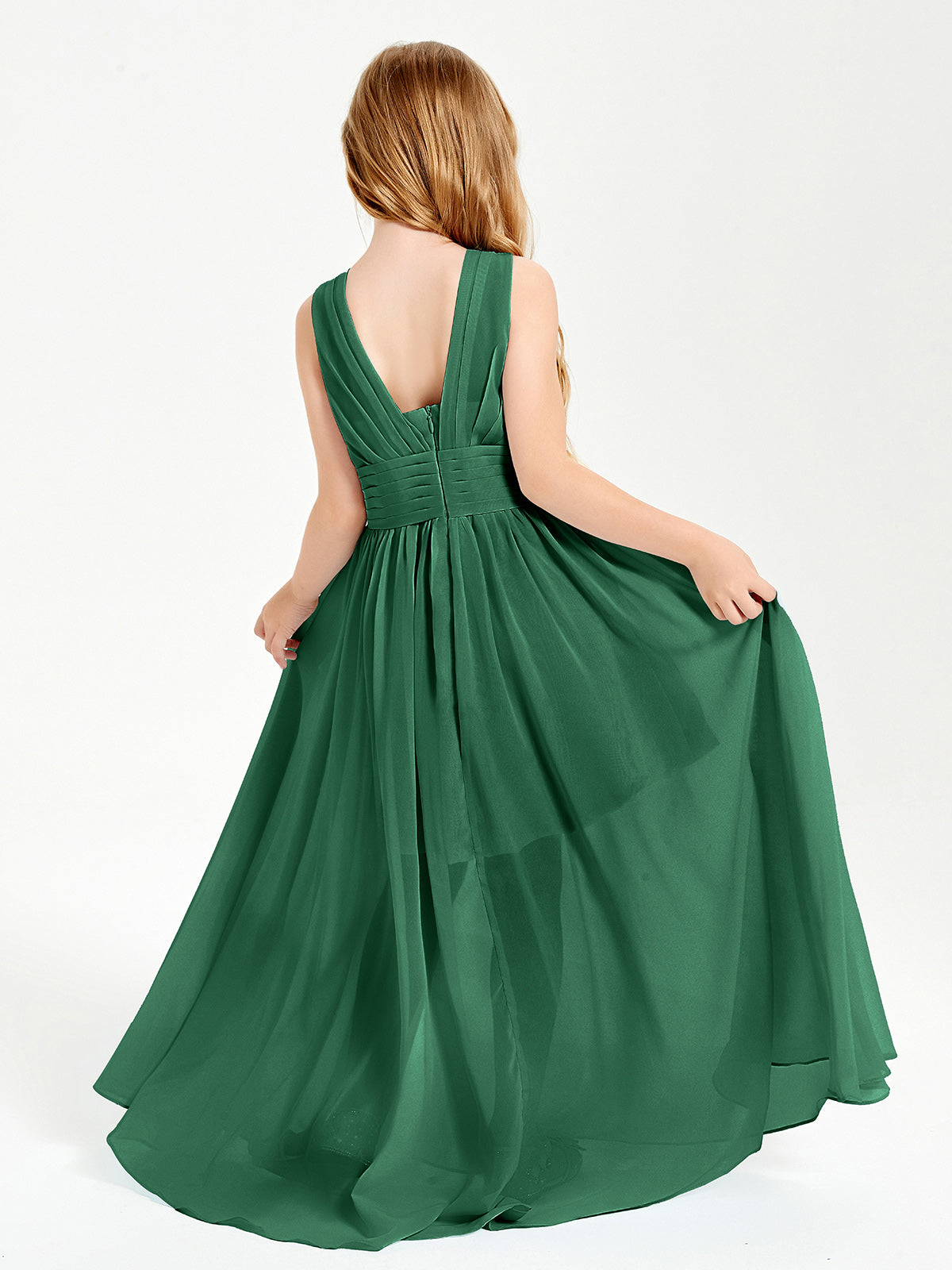 Long V-neck Junior Bridesmaid Dresses Dark Green